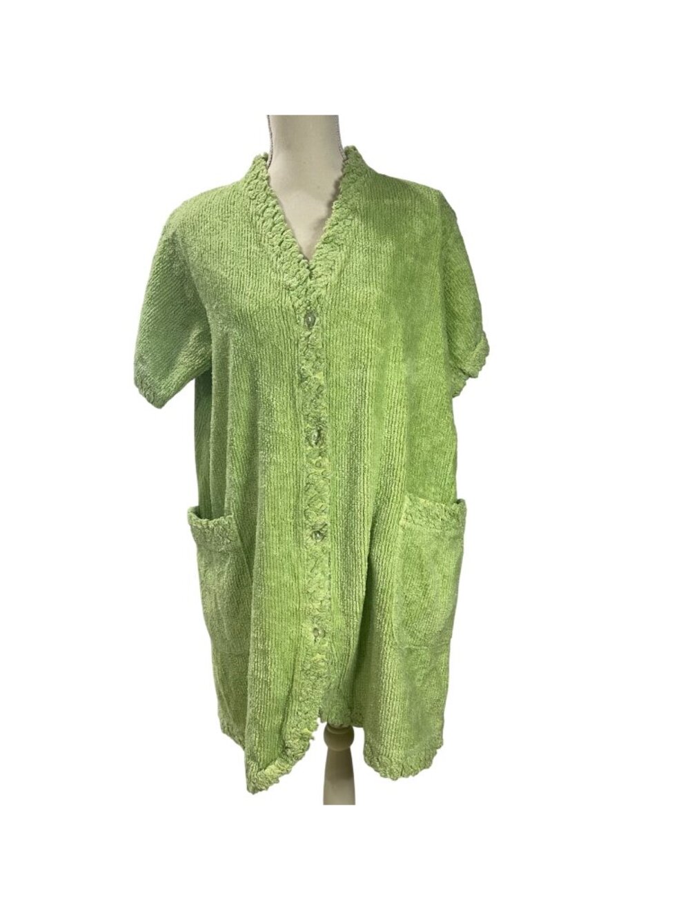 Vintage Stan Herman Button Front Chenille Housecoat Womens Sz Med Oversized Lime